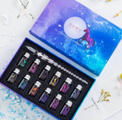 13/7Pcs Crystal Glass Pen Starry Sky Unicorn Dip Pen Glitter Powder Fountain Pen 12 Colors Ink Gift Box Set Writing Supplies