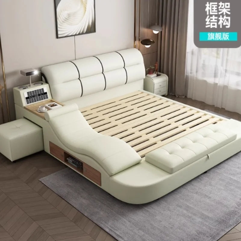 Massage Chair Multifunction Bed King Size Wooden Luxury Frame Double Bed Nordic Modern Cama Matrimonial Bedroom Furniture
