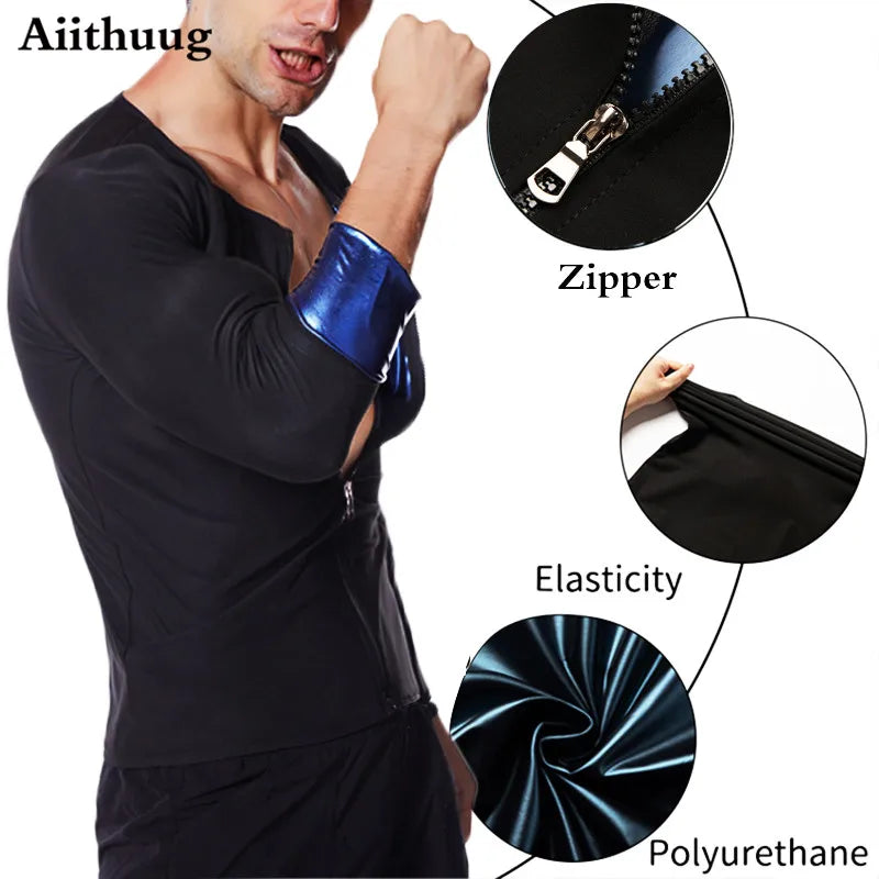Aiithuug Sauna Suit for Men Sweat Sauna Jacket Long Sleeve Workout Zipper Sweat Top Gym Fitness Sauna Shirt Workout Body Shaper