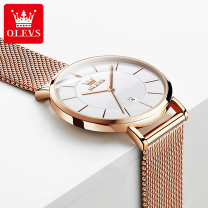 OLEVS 5869 Mesh Stainless Steel Women's Watches Ultra Thin 6.5mm Quartz Watch for Women Waterproof Calendar Ladies Wristwatches