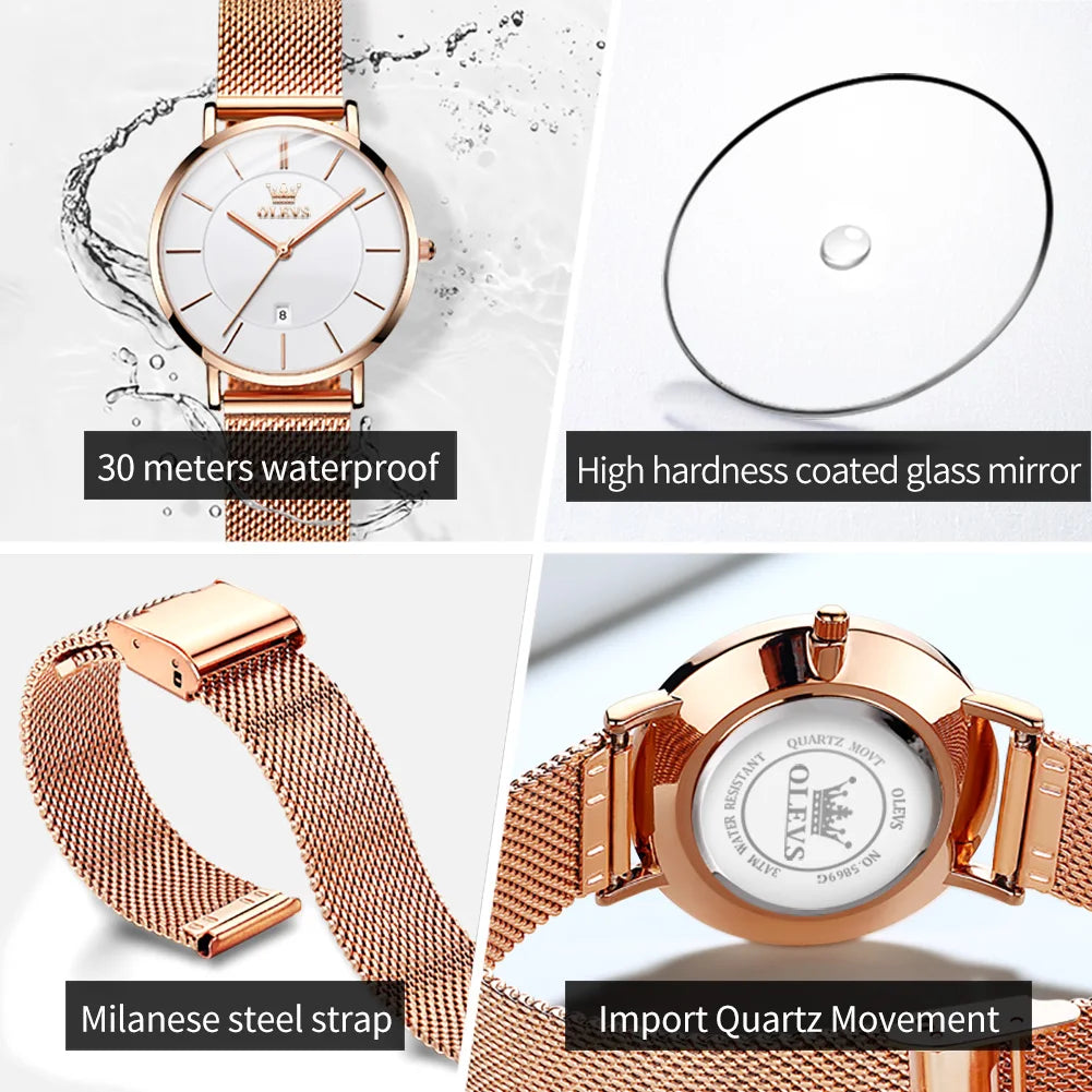 OLEVS 5869 Mesh Stainless Steel Women's Watches Ultra Thin 6.5mm Quartz Watch for Women Waterproof Calendar Ladies Wristwatches