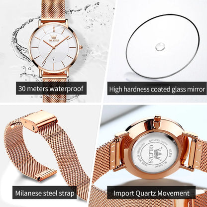 OLEVS 5869 Mesh Stainless Steel Women's Watches Ultra Thin 6.5mm Quartz Watch for Women Waterproof Calendar Ladies Wristwatches